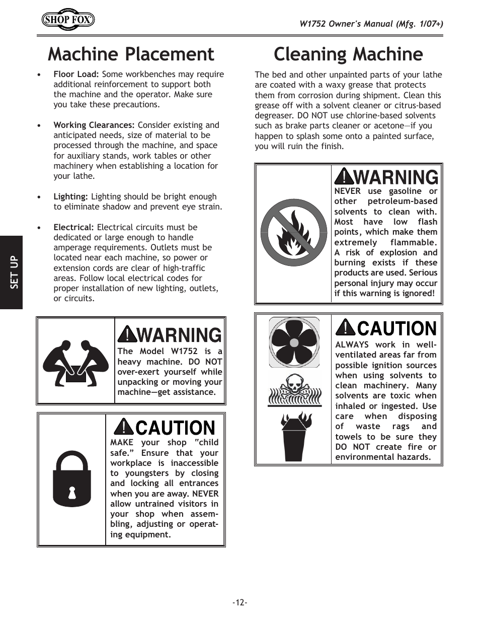 Machine placement, Cleaning machine | Woodstock W1752 User Manual | Page 14 / 40