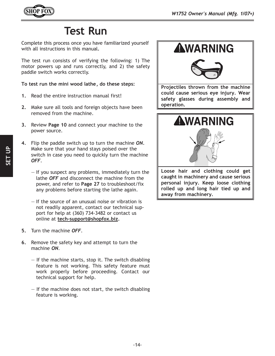 Test run | Woodstock W1752 User Manual | Page 16 / 40