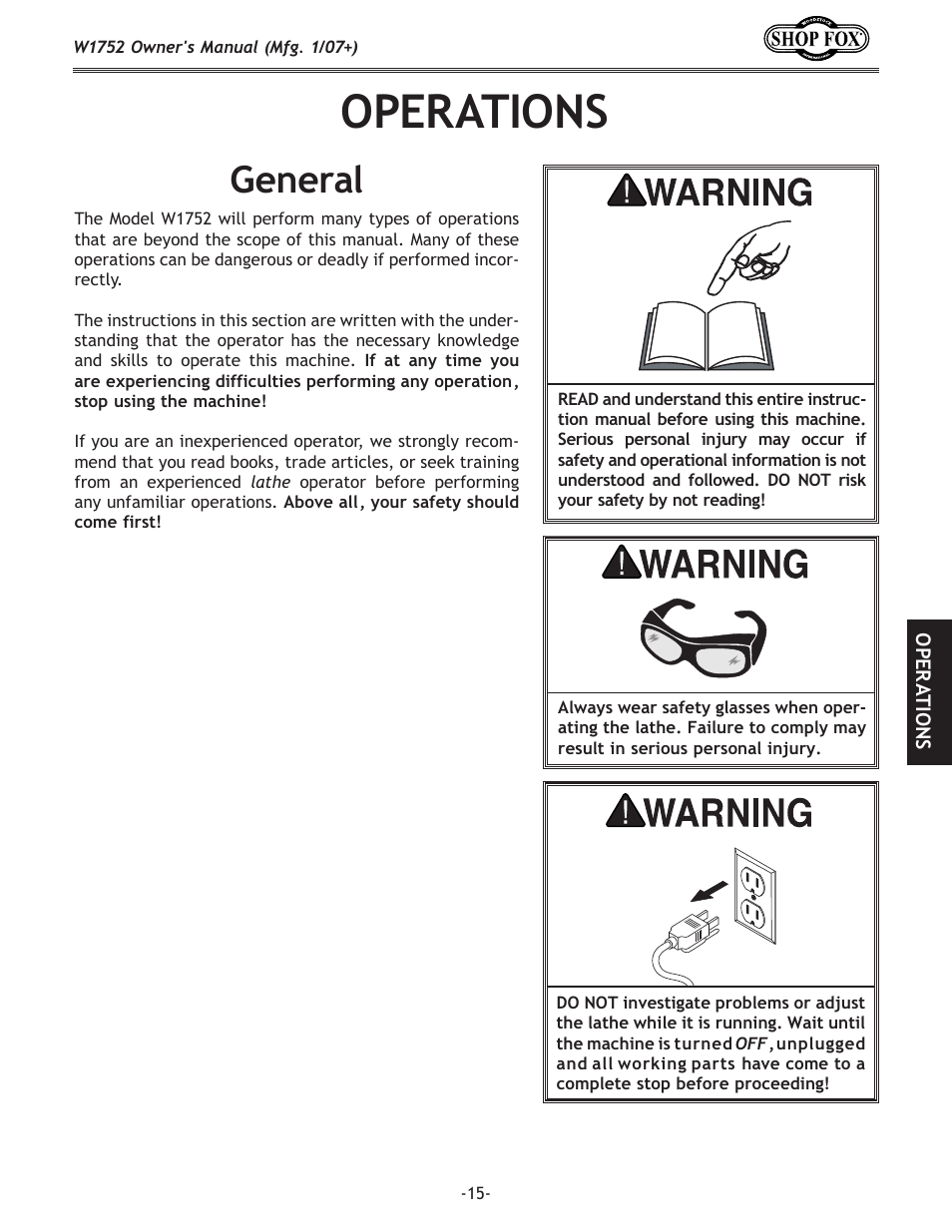 Operations, General | Woodstock W1752 User Manual | Page 17 / 40