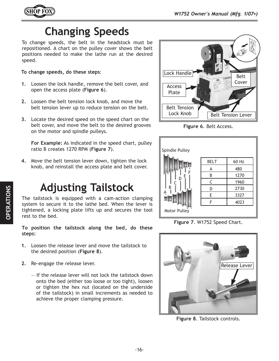 Changing speeds, Adjusting tailstock | Woodstock W1752 User Manual | Page 18 / 40