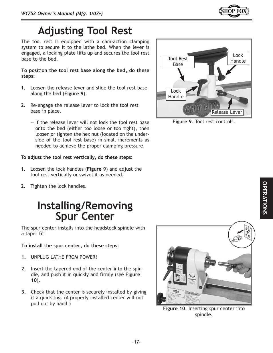 Adjusting tool rest, Installing/removing spur center | Woodstock W1752 User Manual | Page 19 / 40