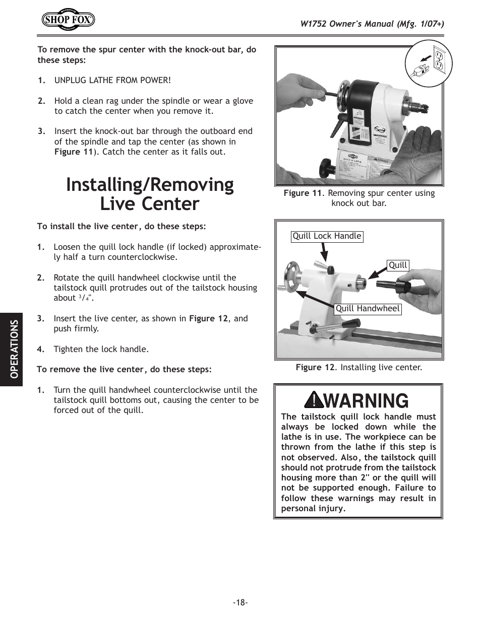 Installing/removing live center | Woodstock W1752 User Manual | Page 20 / 40
