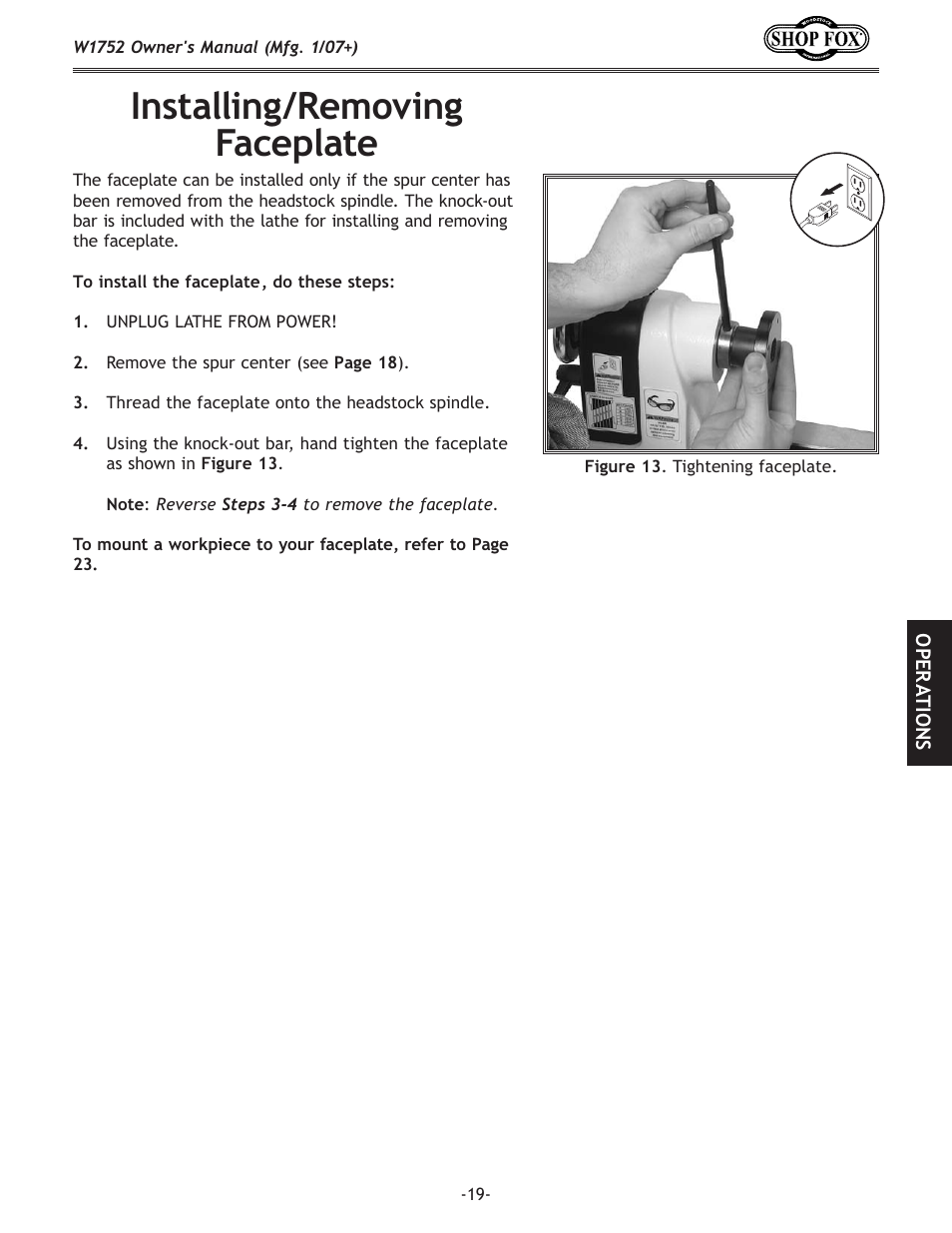 Installing/removing faceplate | Woodstock W1752 User Manual | Page 21 / 40