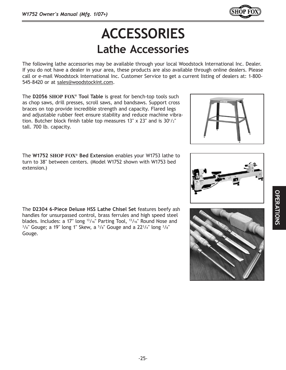 Accessories, Lathe accessories, Ope r atio ns | Woodstock W1752 User Manual | Page 27 / 40