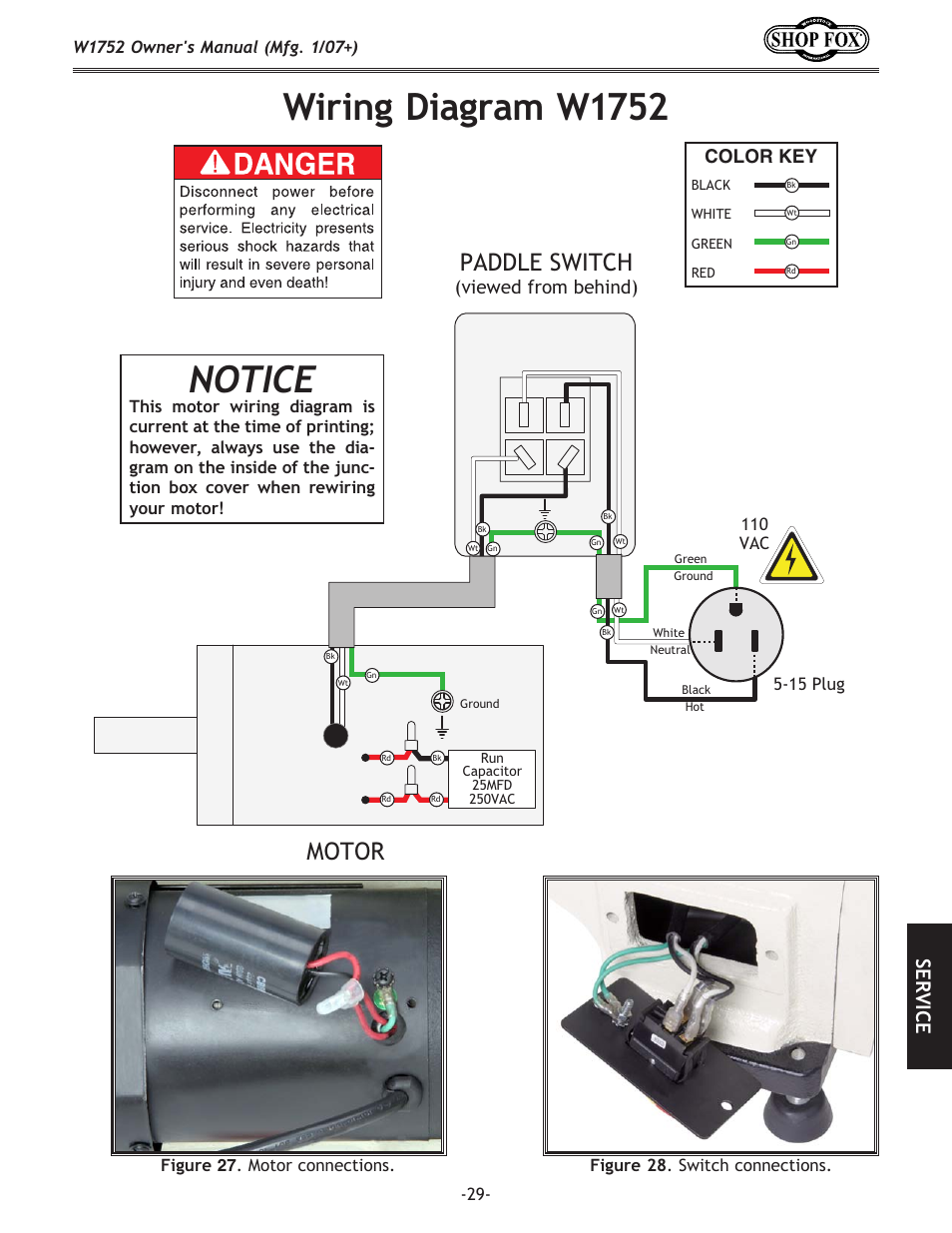 Wiring diagram w1752, Notice, Paddle switch | Motor, Se rv ic e, Viewed from behind), Color key | Woodstock W1752 User Manual | Page 31 / 40