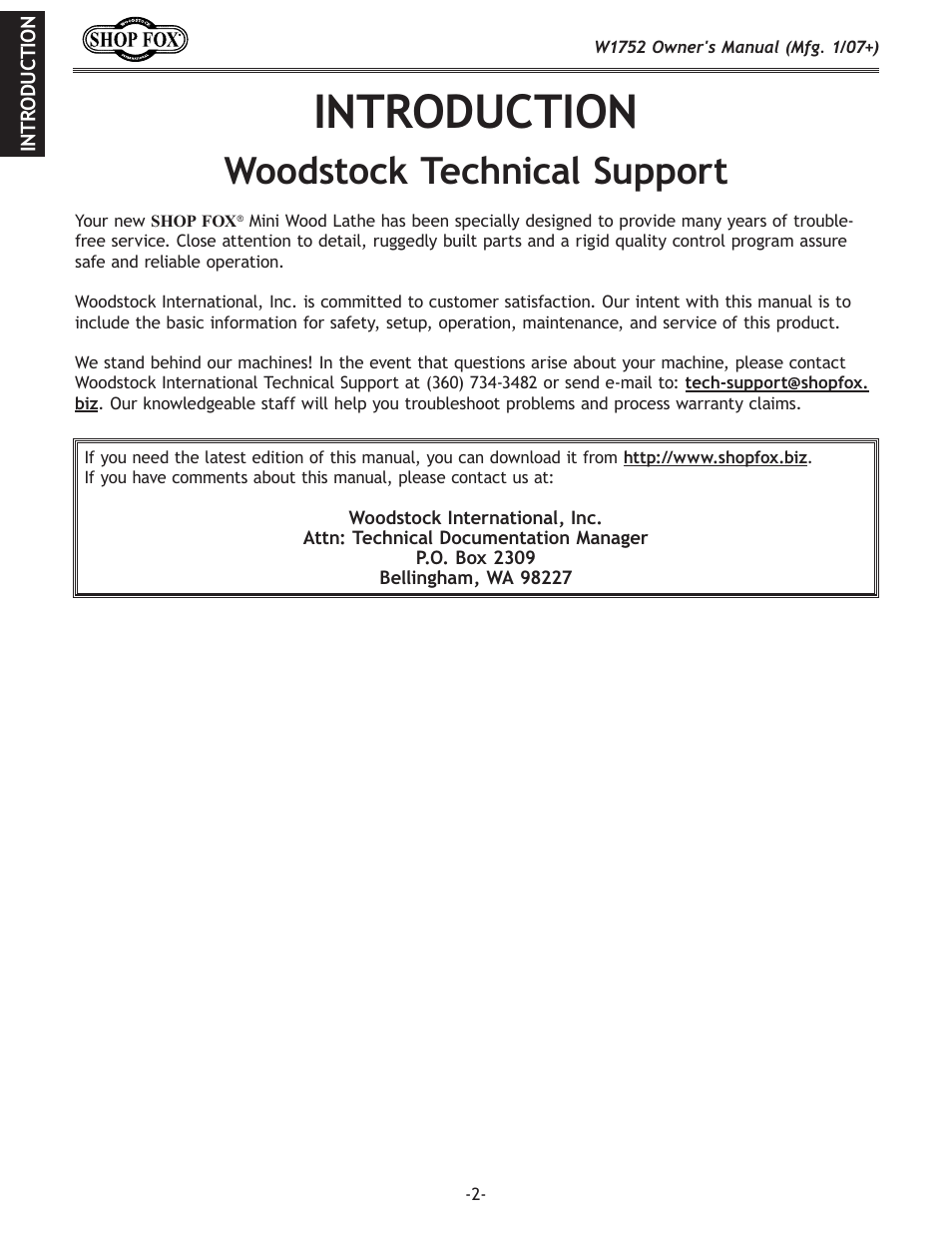 Introduction, Woodstock technical support | Woodstock W1752 User Manual | Page 4 / 40