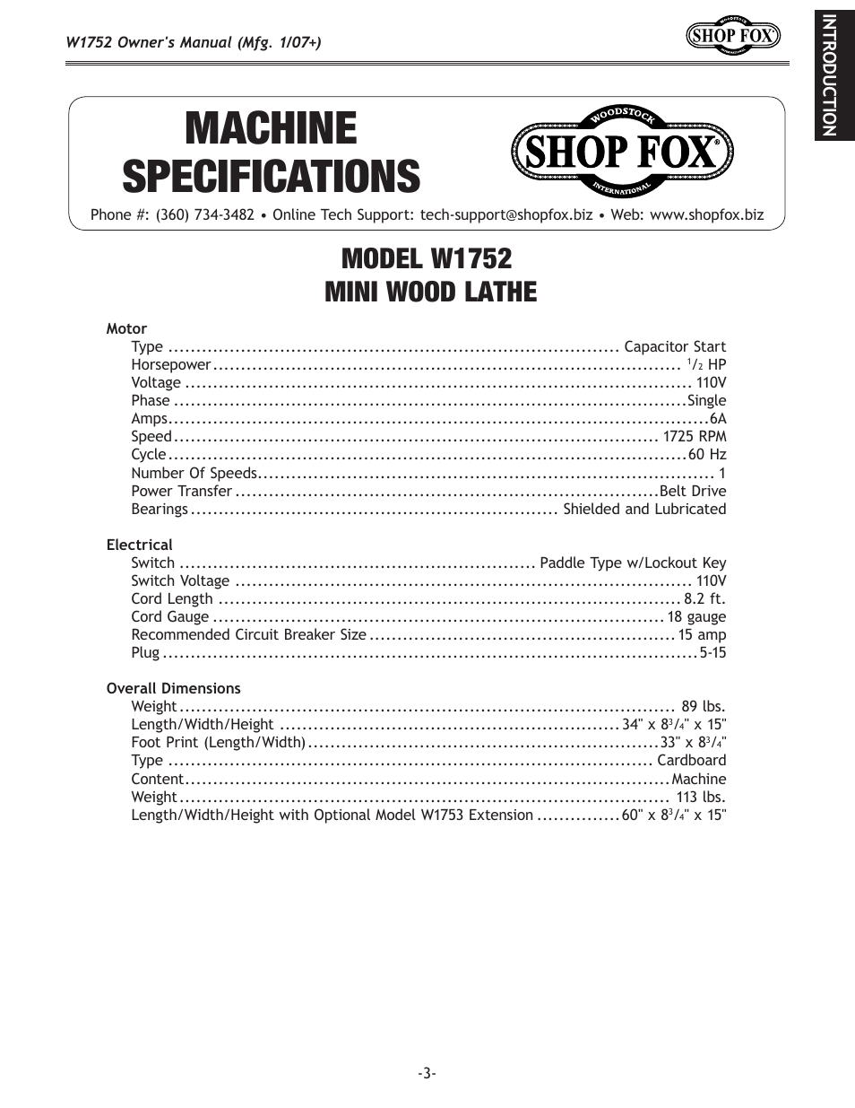 Machine specifications, Model w1752 mini wood lathe | Woodstock W1752 User Manual | Page 5 / 40