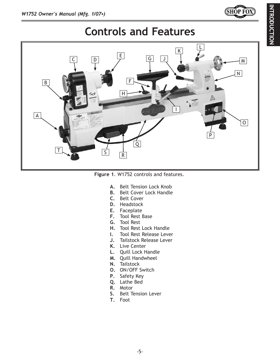 Controls and features | Woodstock W1752 User Manual | Page 7 / 40