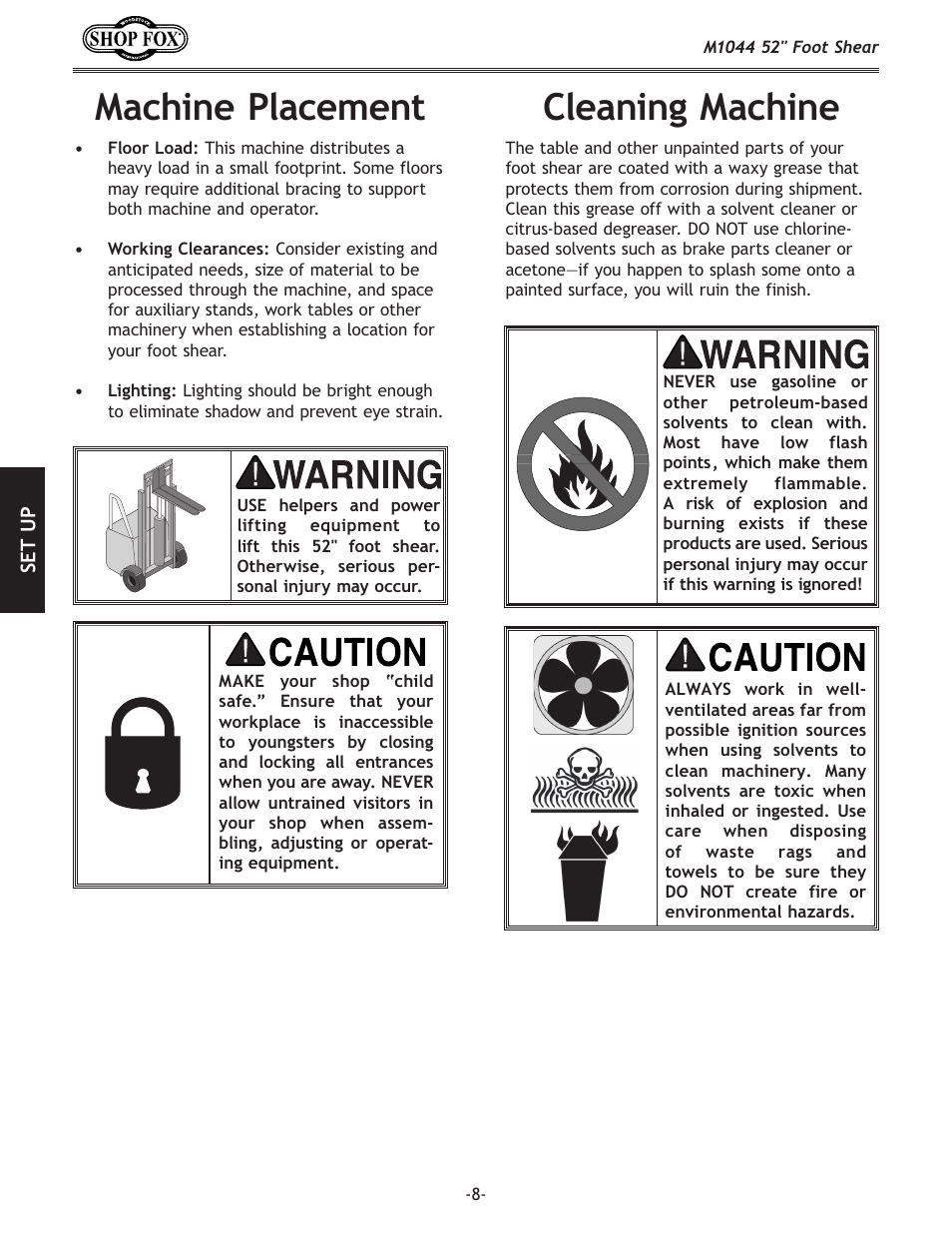Cleaning machine, Machine placement | Woodstock 52" FOOT SHEAR M1044 User Manual | Page 10 / 24