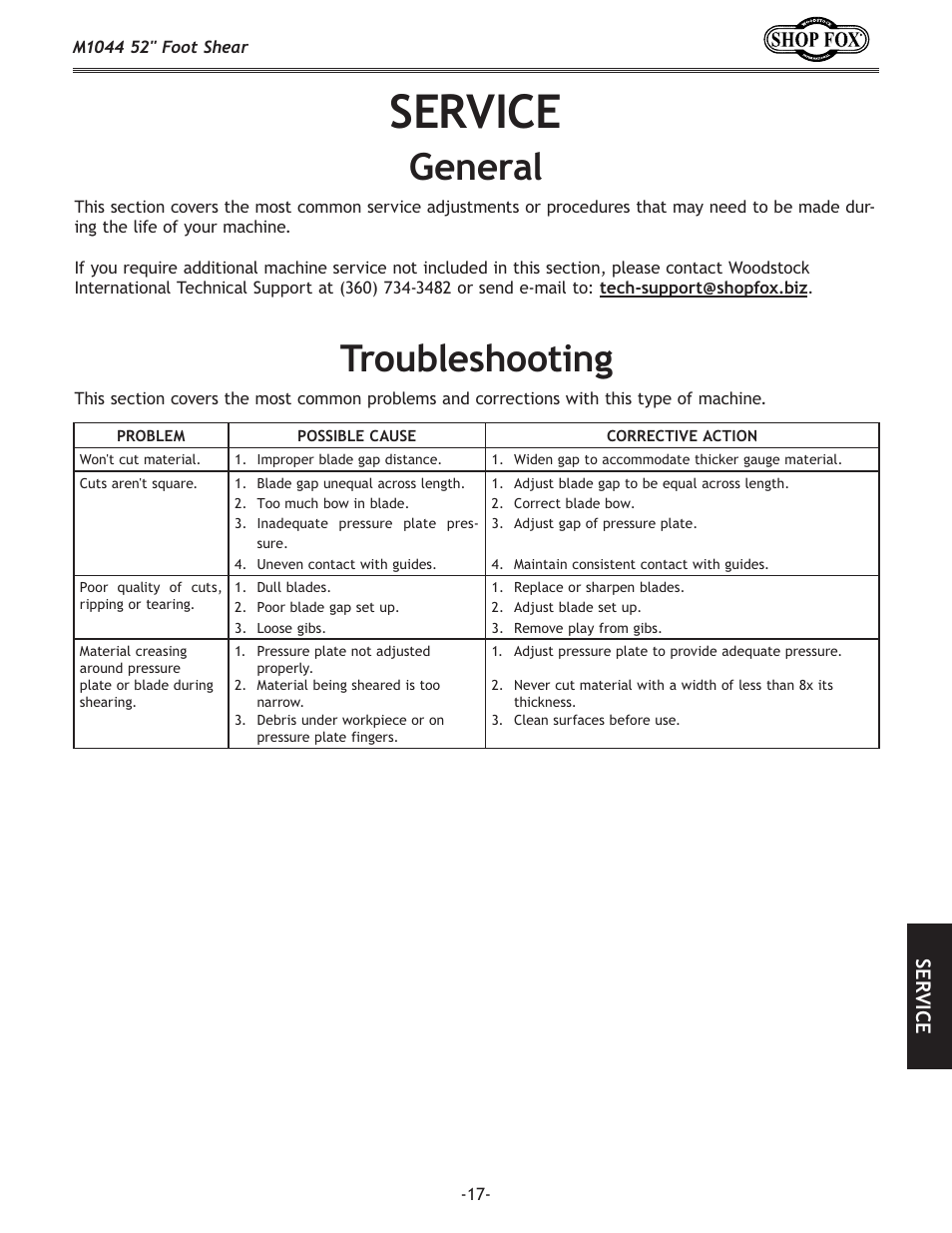 Service, Troubleshooting, General | Woodstock 52" FOOT SHEAR M1044 User Manual | Page 19 / 24
