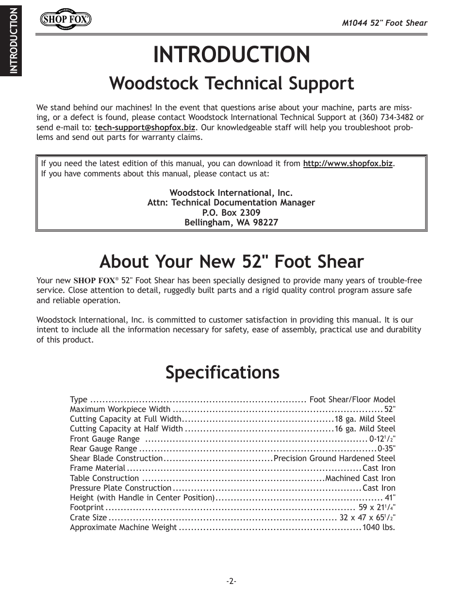 Introduction, Woodstock technical support, Specifications | About your new 52" foot shear | Woodstock 52" FOOT SHEAR M1044 User Manual | Page 4 / 24