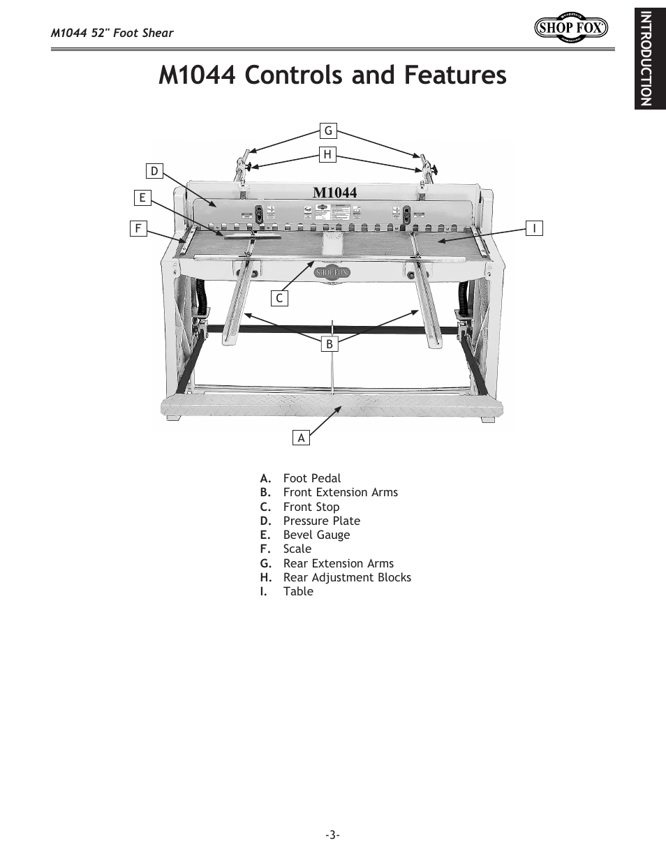 M1044 controls and features | Woodstock 52" FOOT SHEAR M1044 User Manual | Page 5 / 24