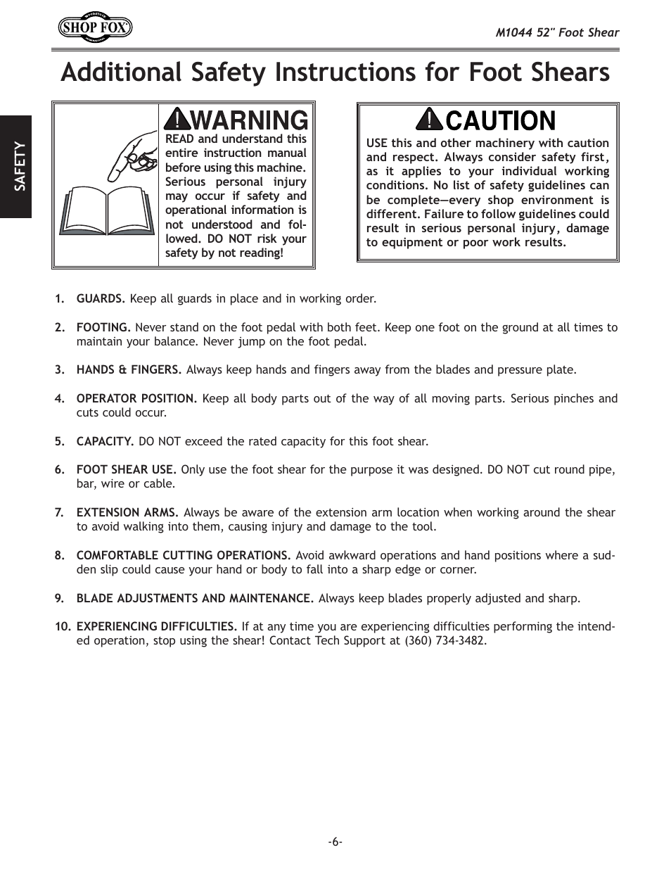 Additional safety instructions for foot shears | Woodstock 52" FOOT SHEAR M1044 User Manual | Page 8 / 24