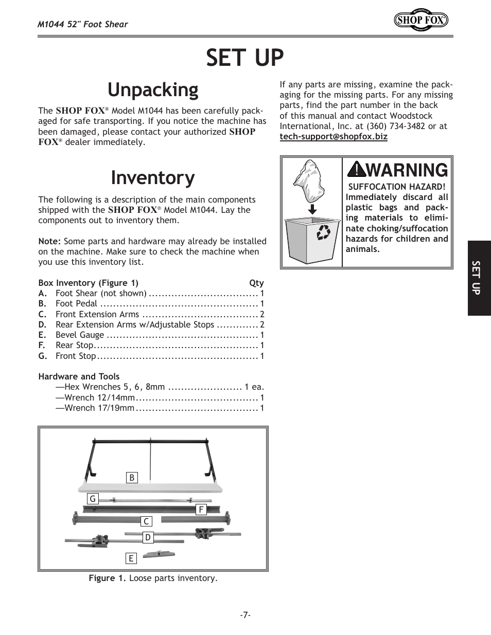 Set up, Unpacking, Inventory | Woodstock 52" FOOT SHEAR M1044 User Manual | Page 9 / 24