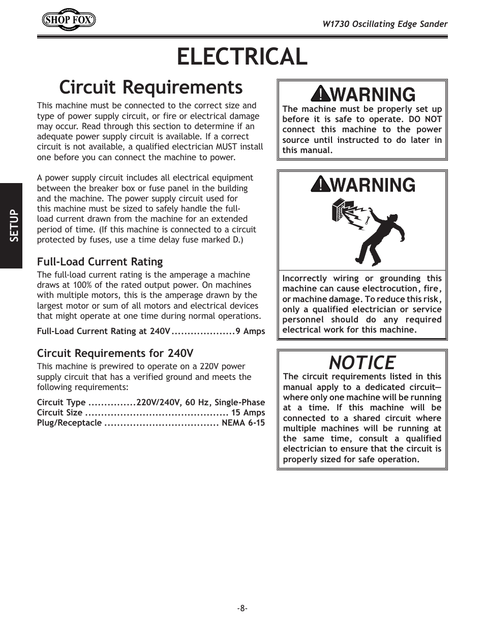 Electrical, Circuit requirements, Notice | Woodstock SHOP FOX W1730 User Manual | Page 10 / 40