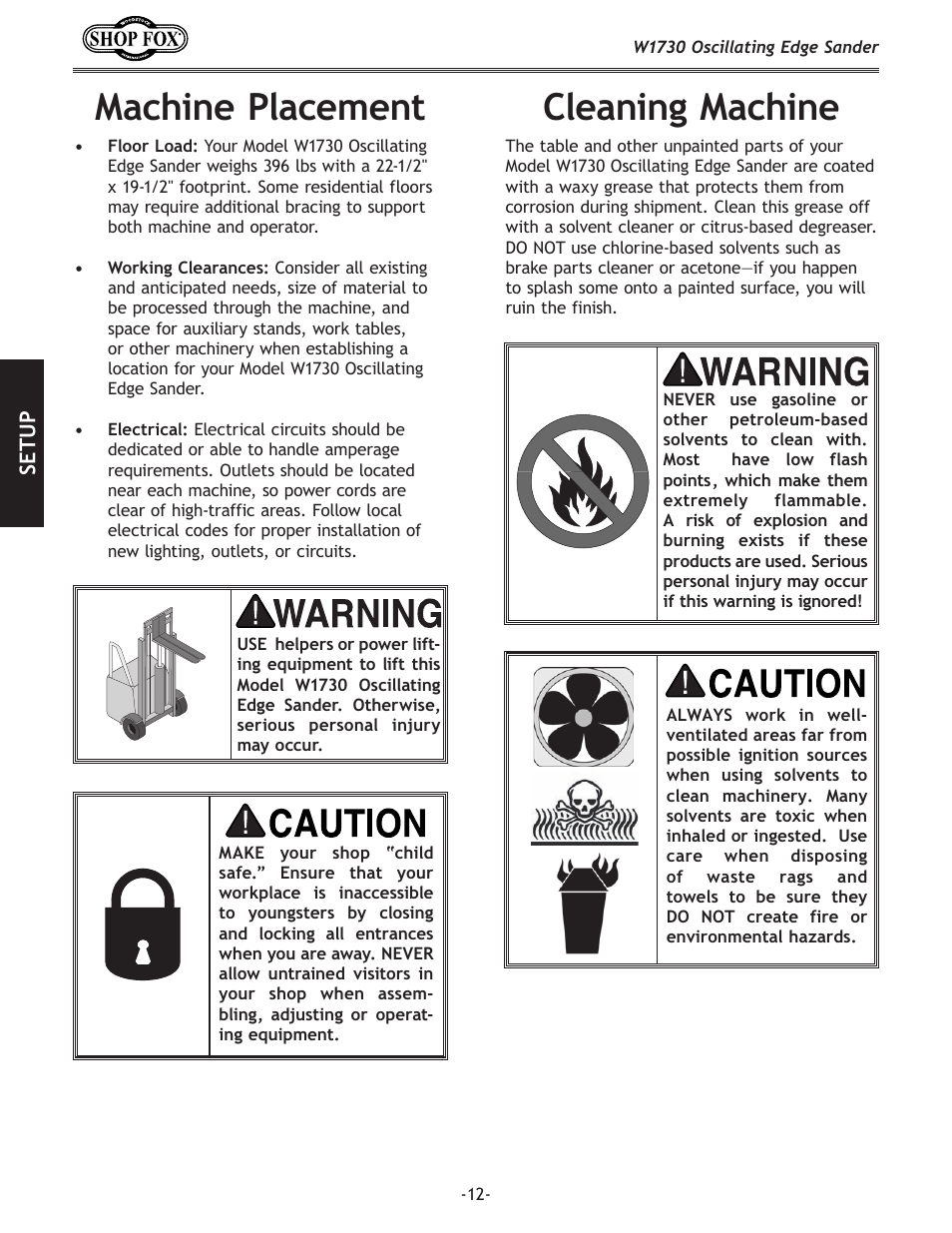 Cleaning machine, Machine placement | Woodstock SHOP FOX W1730 User Manual | Page 14 / 40
