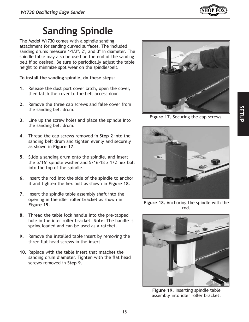 Sanding spindle, Setup | Woodstock SHOP FOX W1730 User Manual | Page 17 / 40