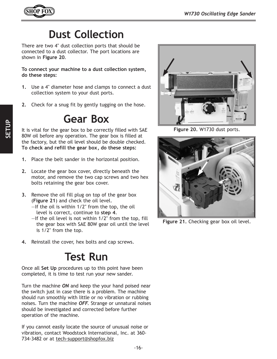 Test run, Dust collection, Gear box | Woodstock SHOP FOX W1730 User Manual | Page 18 / 40