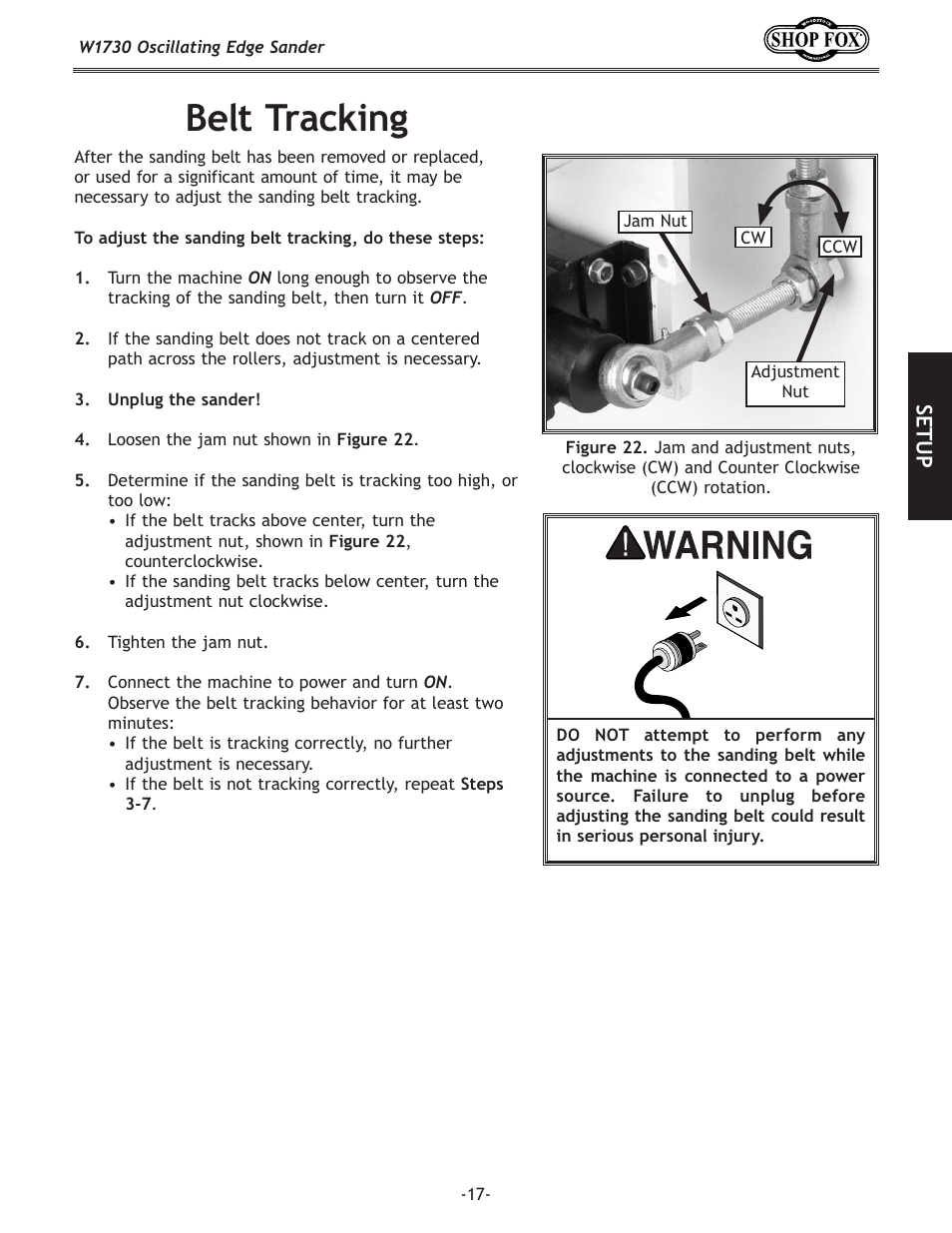 Belt tracking, Setup | Woodstock SHOP FOX W1730 User Manual | Page 19 / 40