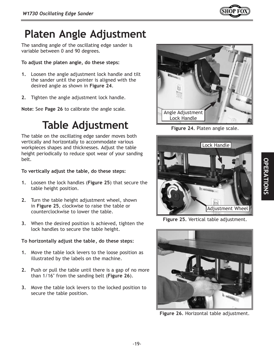 Platen angle adjustment, Table adjustment | Woodstock SHOP FOX W1730 User Manual | Page 21 / 40