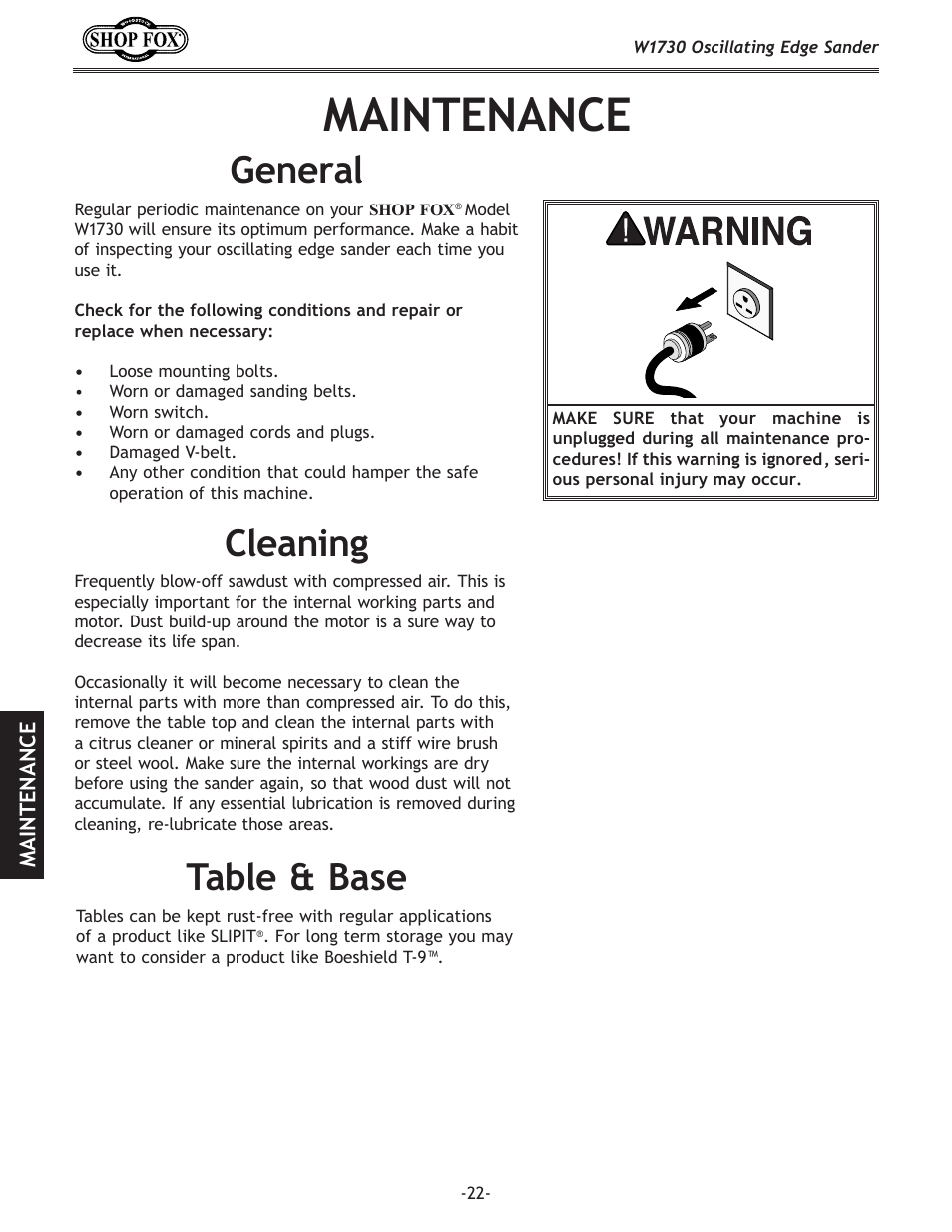 Maintenance, Table & base cleaning general | Woodstock SHOP FOX W1730 User Manual | Page 24 / 40