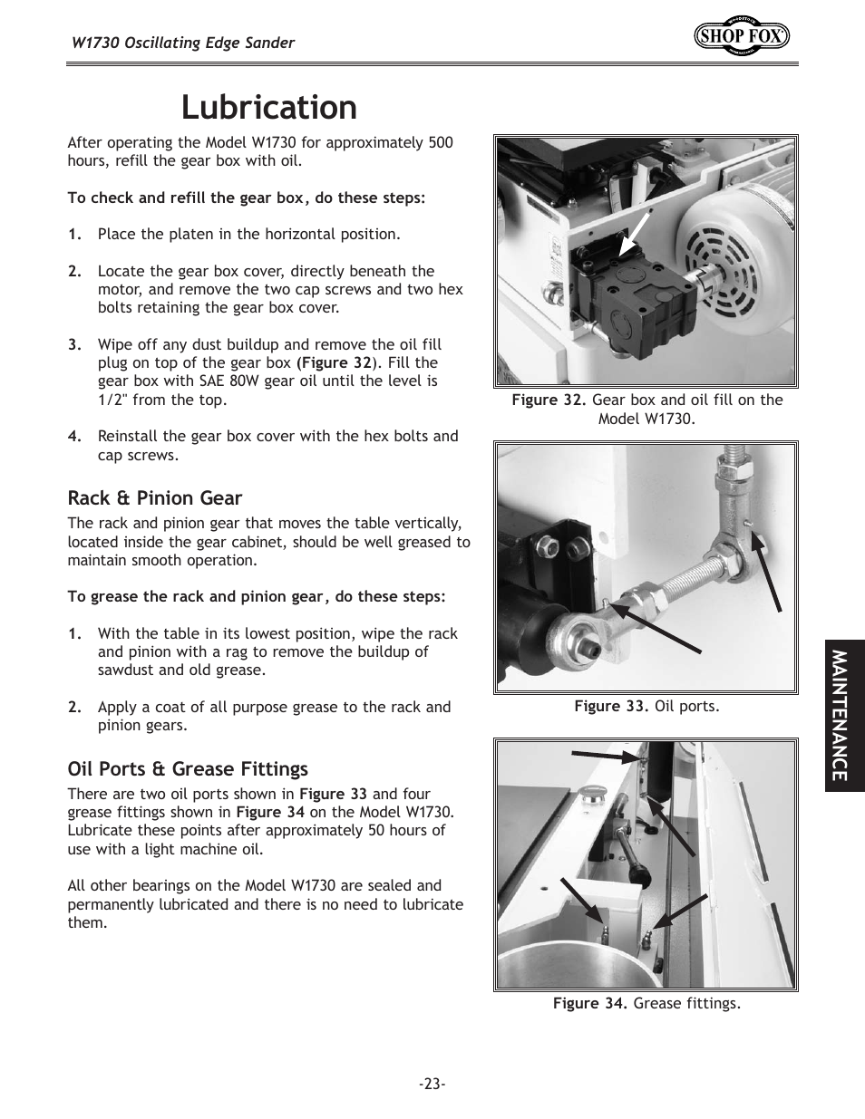 Lubrication | Woodstock SHOP FOX W1730 User Manual | Page 25 / 40