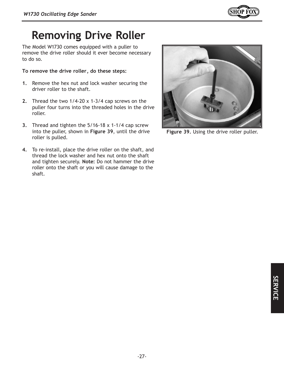 Removing drive roller | Woodstock SHOP FOX W1730 User Manual | Page 29 / 40