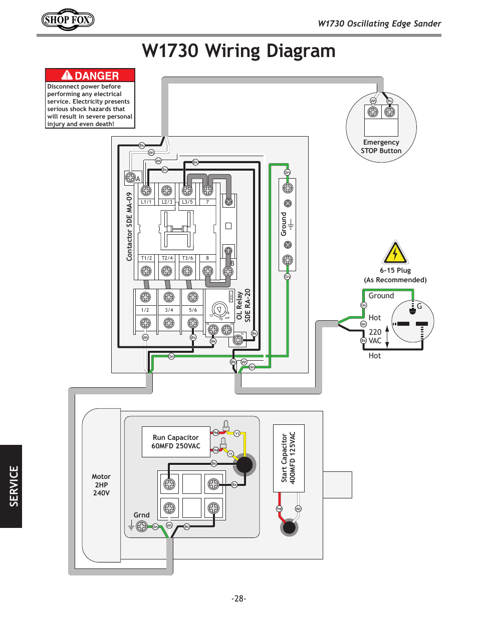 W1730 wiring diagram, Service, W1730 oscillating edge sander | Woodstock SHOP FOX W1730 User Manual | Page 30 / 40