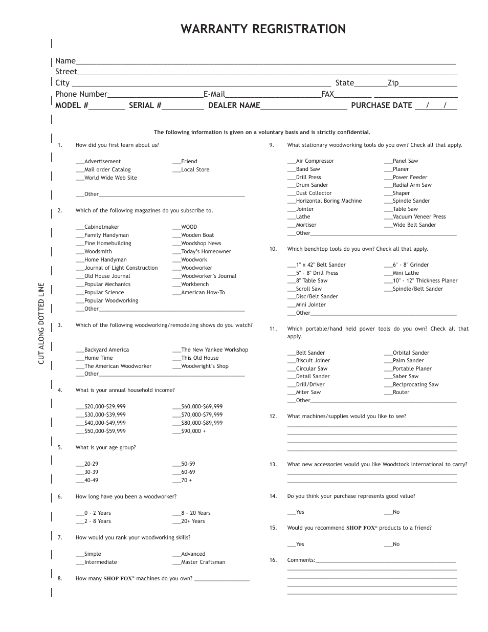 Warranty regristration, Serial, Dealer name | Purchase date, Cut along dotted line | Woodstock SHOP FOX W1730 User Manual | Page 37 / 40