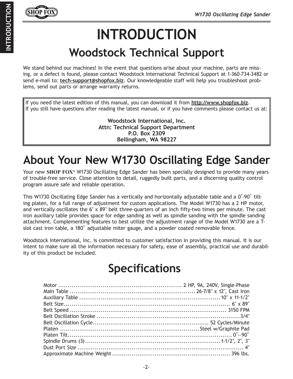 Introduction, Woodstock technical support, Specifications | About your new w1730 oscillating edge sander | Woodstock SHOP FOX W1730 User Manual | Page 4 / 40