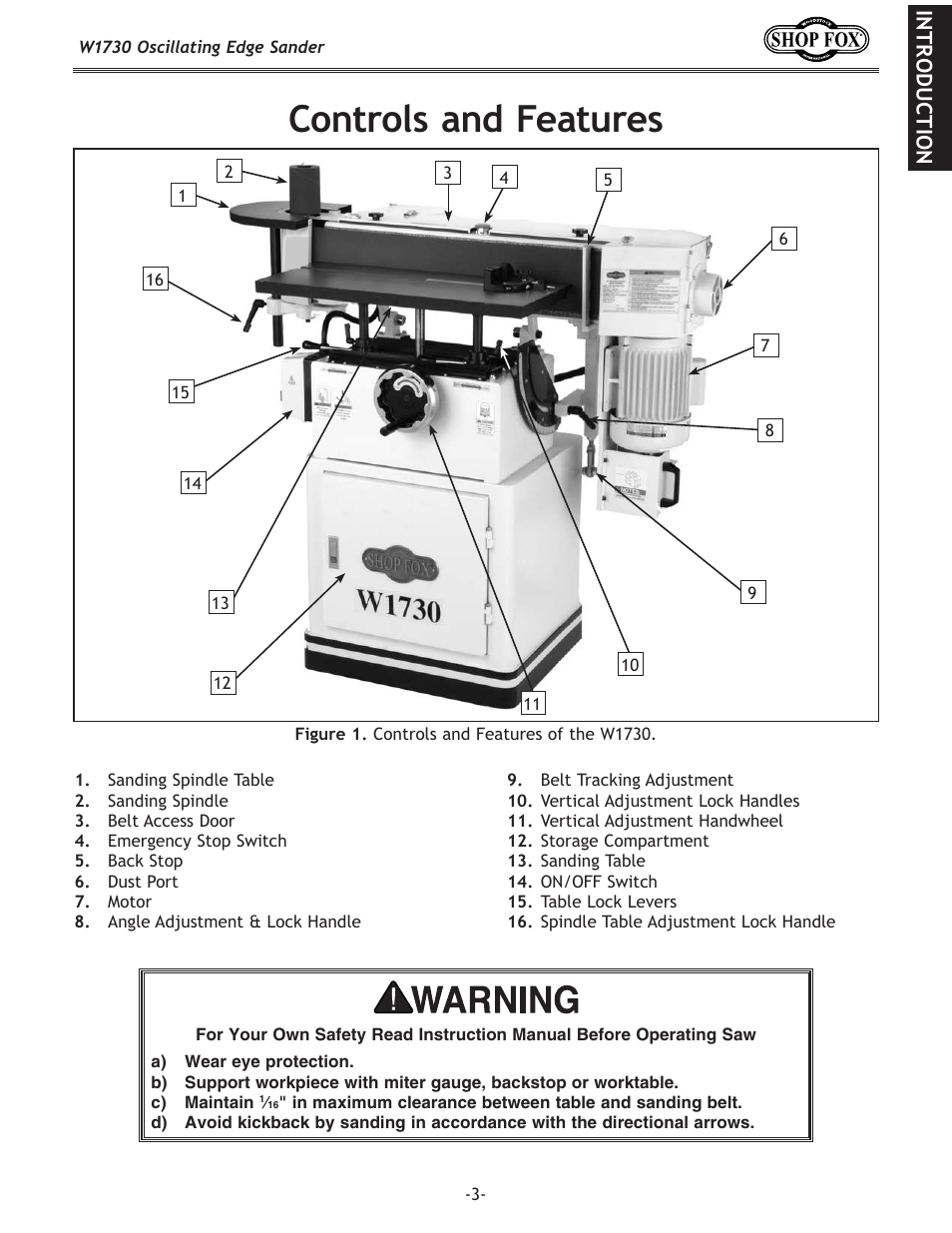 Controls and features, Introduction | Woodstock SHOP FOX W1730 User Manual | Page 5 / 40