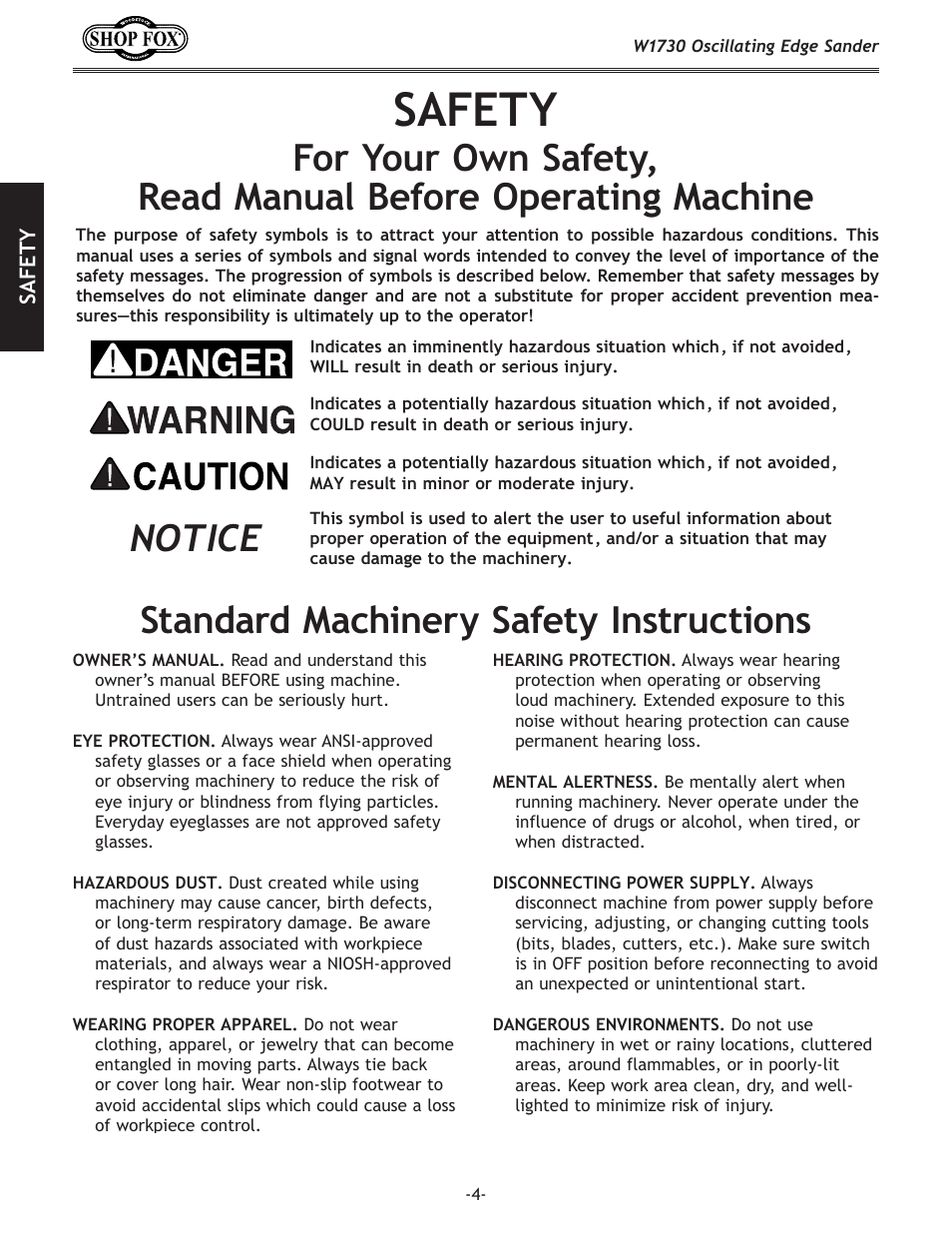 Safety, Notice, Standard machinery safety instructions | Woodstock SHOP FOX W1730 User Manual | Page 6 / 40