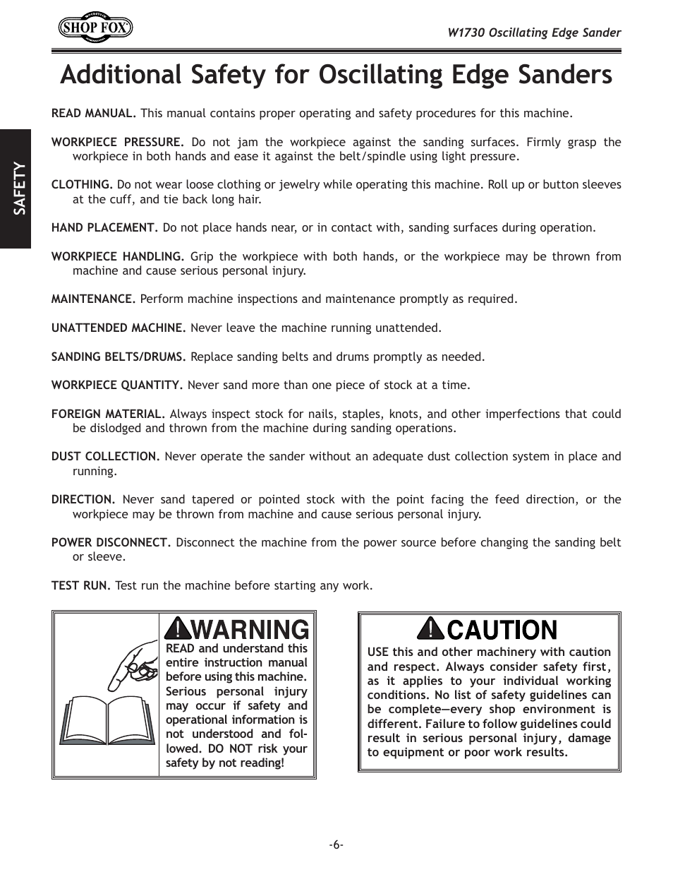 Additional safety for oscillating edge sanders | Woodstock SHOP FOX W1730 User Manual | Page 8 / 40