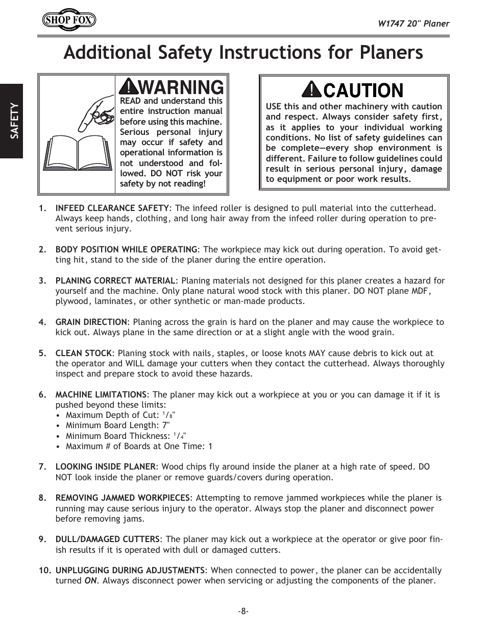 Additional safety instructions for planers | Woodstock SHOP FOX W1747 User Manual | Page 10 / 56