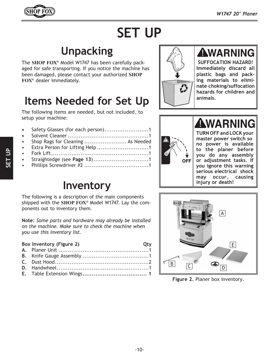 Set up, Unpacking, Inventory | Items needed for set up | Woodstock SHOP FOX W1747 User Manual | Page 12 / 56