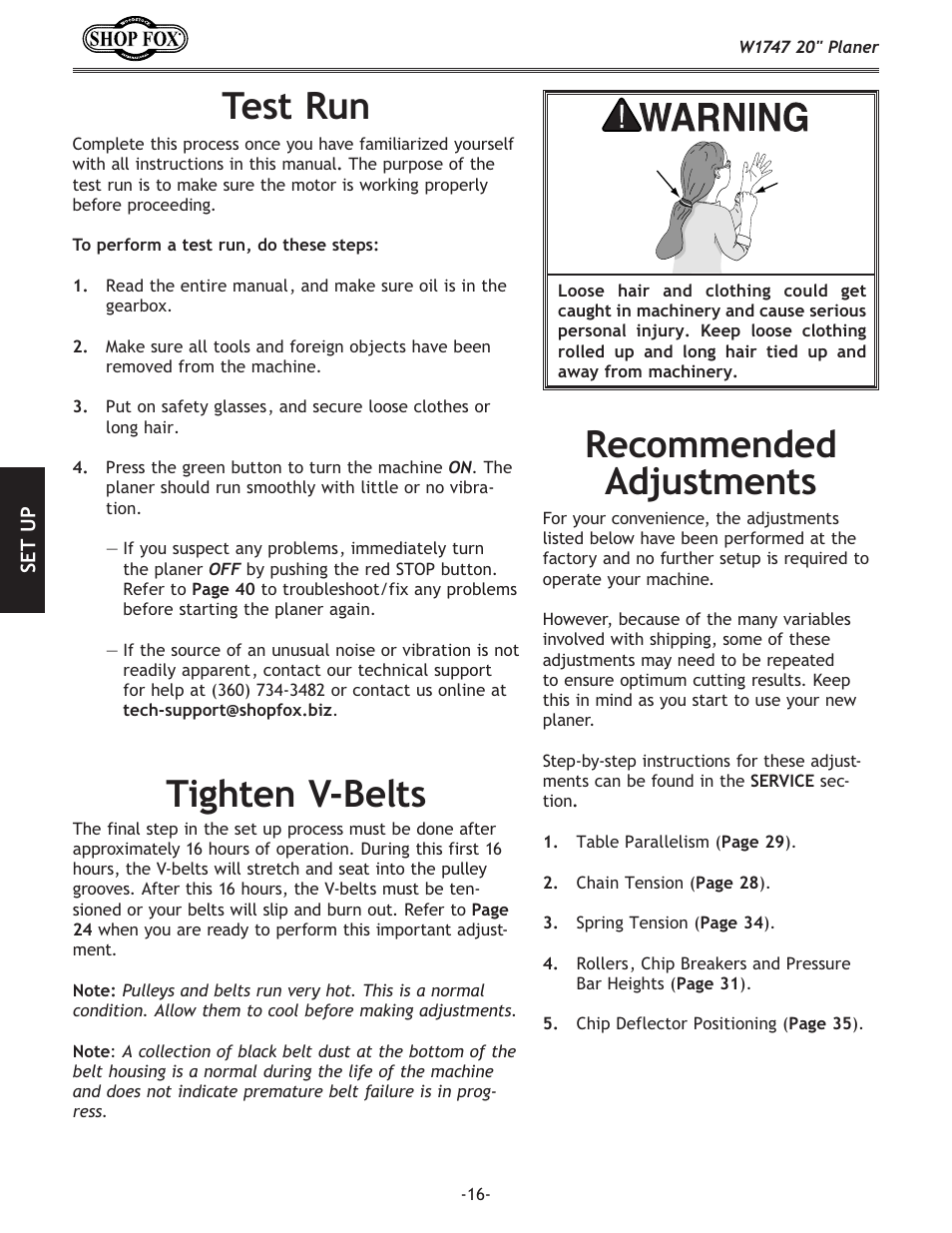 Test run, Tighten v-belts, Recommended adjustments | Woodstock SHOP FOX W1747 User Manual | Page 18 / 56