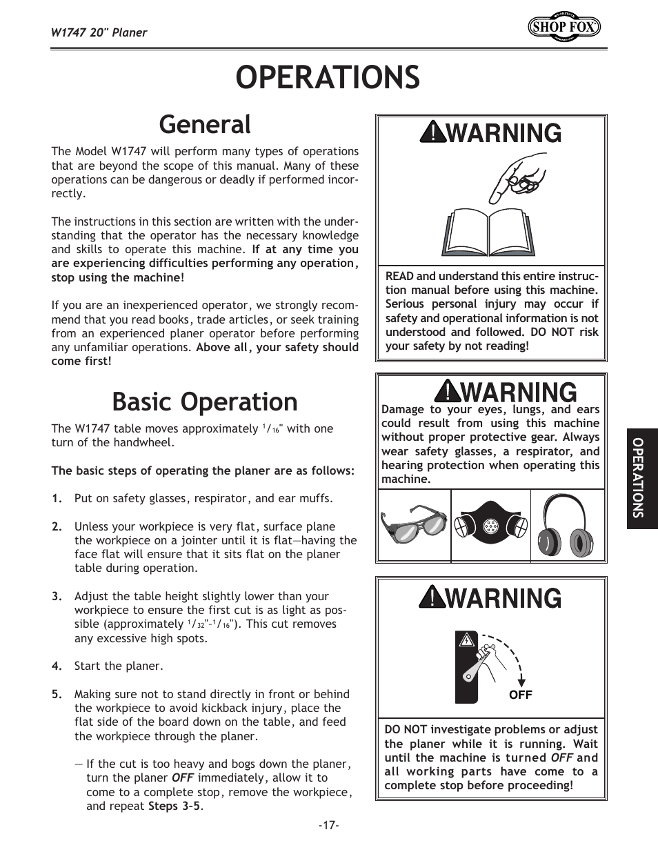 Operations, General, Basic operation | Woodstock SHOP FOX W1747 User Manual | Page 19 / 56