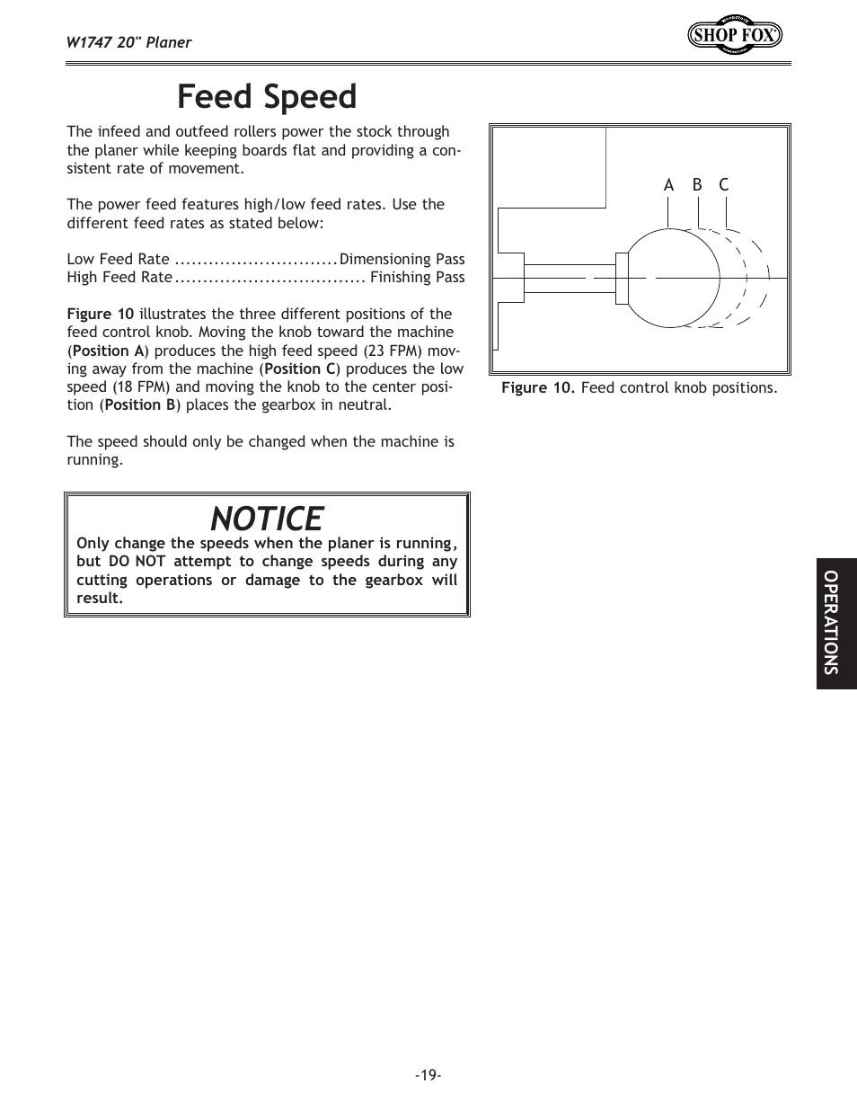 Feed speed, Notice | Woodstock SHOP FOX W1747 User Manual | Page 21 / 56