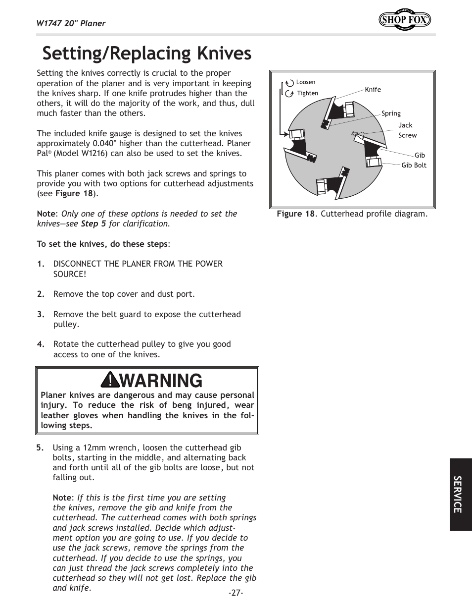 Setting/replacing knives | Woodstock SHOP FOX W1747 User Manual | Page 29 / 56