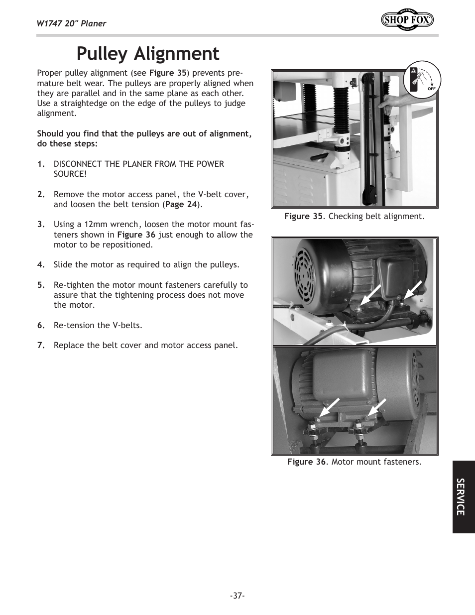 Pulley alignment | Woodstock SHOP FOX W1747 User Manual | Page 39 / 56