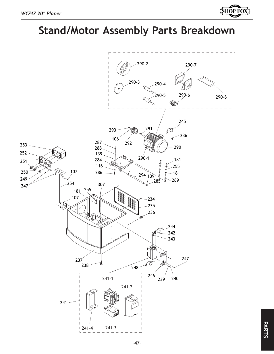 Stand/motor assembly parts breakdown, Pa rt s | Woodstock SHOP FOX W1747 User Manual | Page 49 / 56