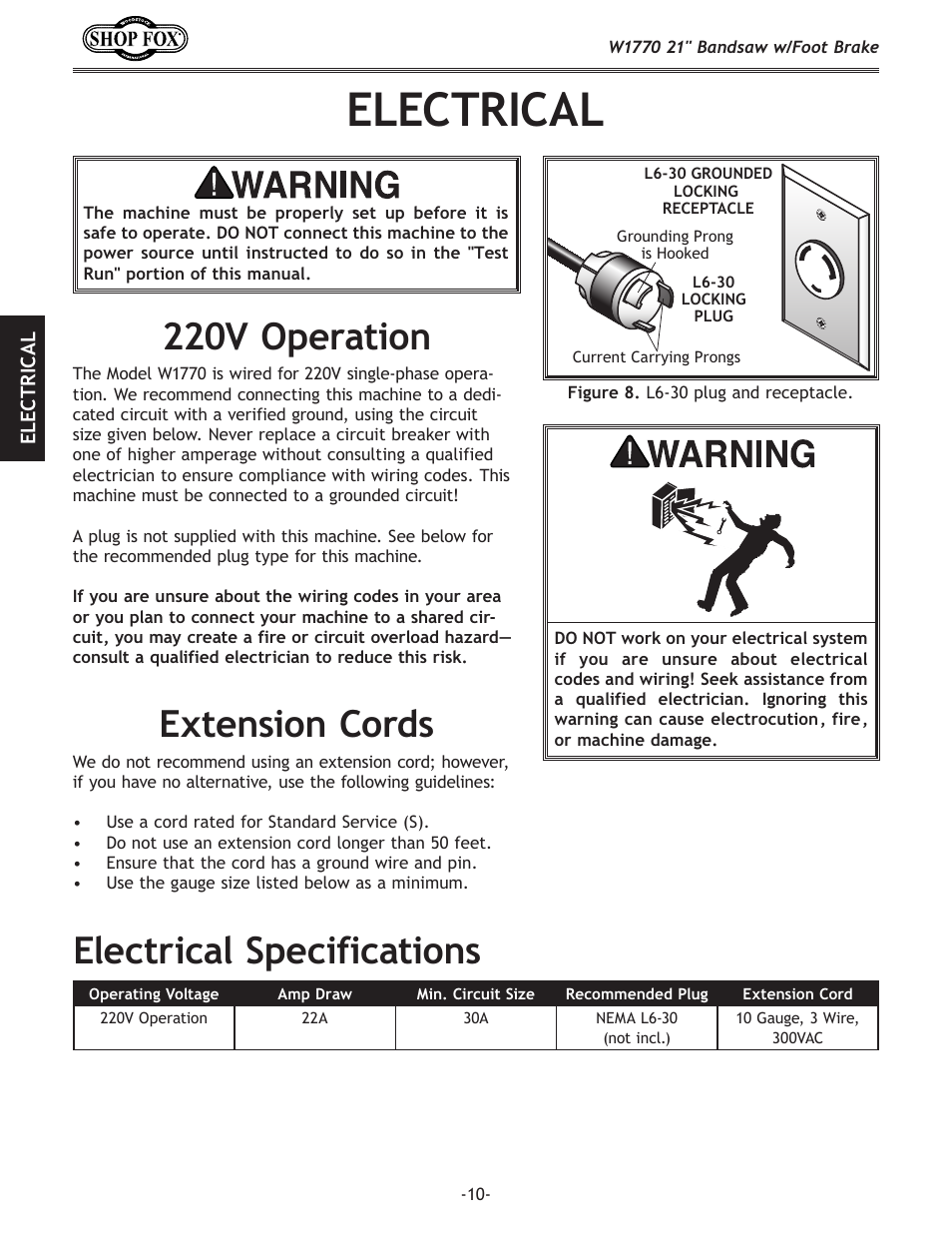 Electrical, 220v.operation, Extension.cords | Electrical.specifications | Woodstock W1770 User Manual | Page 12 / 72