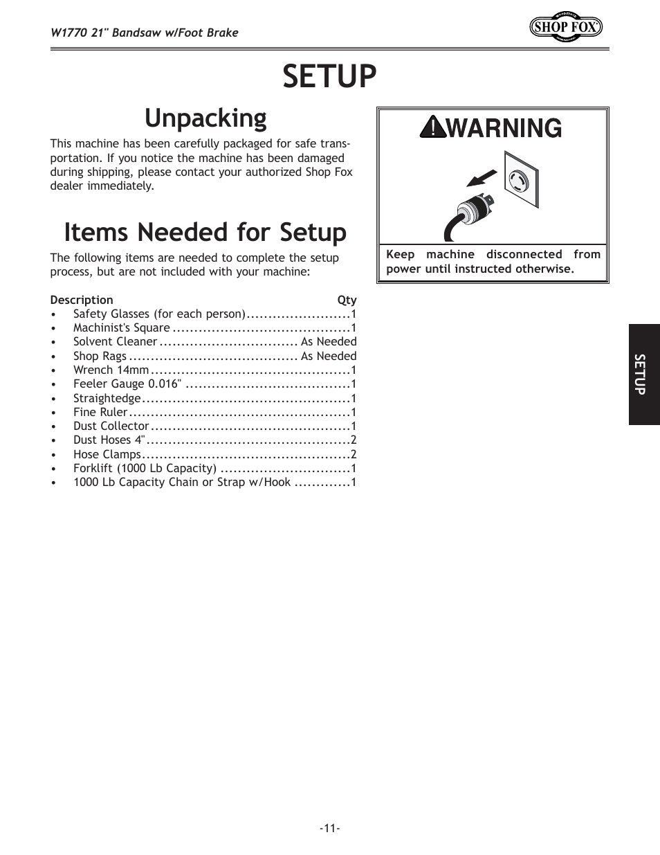 Setup, Unpacking, Items.needed.for.setup | Woodstock W1770 User Manual | Page 13 / 72