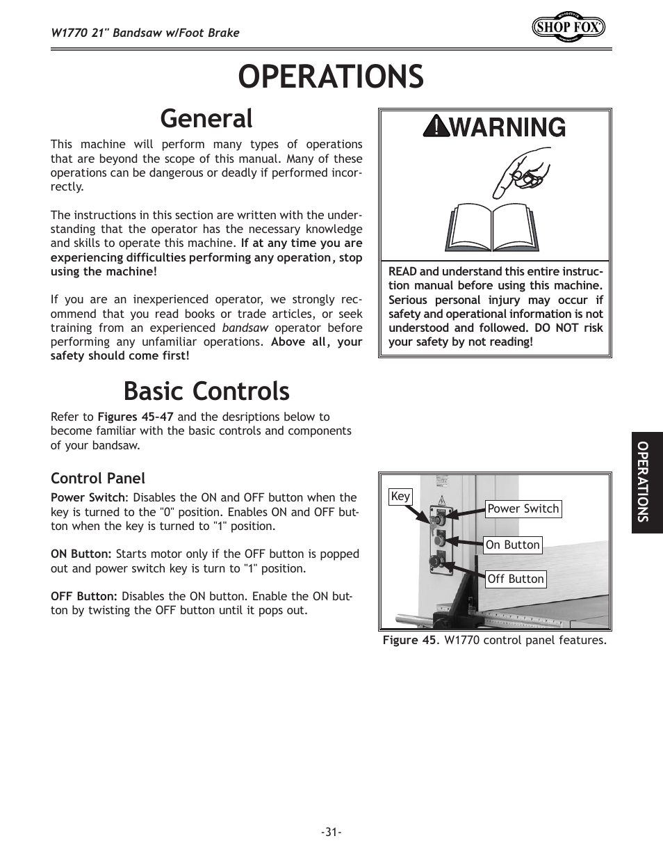 Operations, General, Basic.controls | Woodstock W1770 User Manual | Page 33 / 72