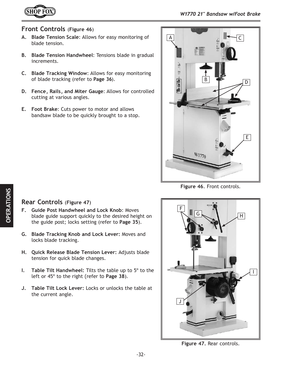 Front controls, Rear controls | Woodstock W1770 User Manual | Page 34 / 72