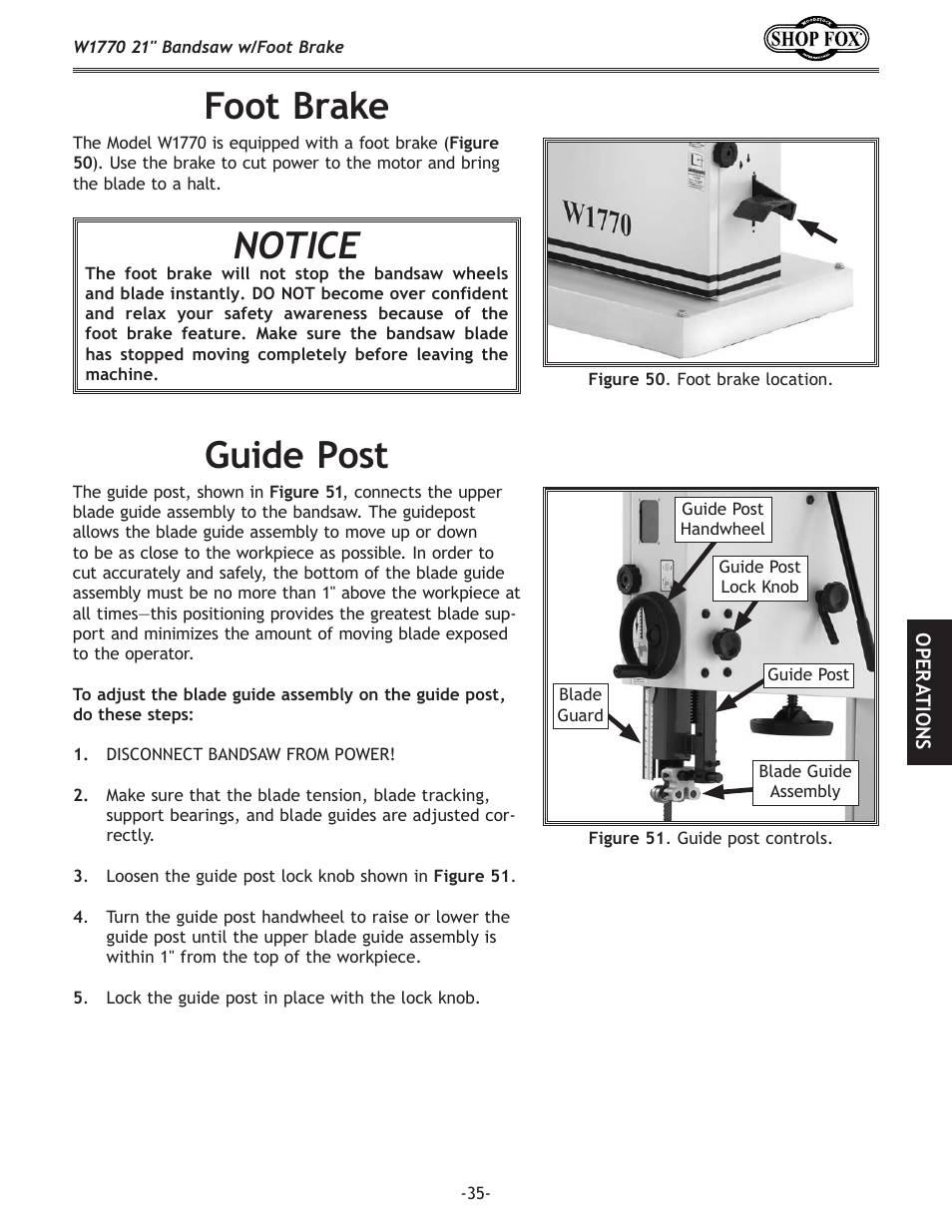 Foot.brake, Guide.post, Notice | Woodstock W1770 User Manual | Page 37 / 72