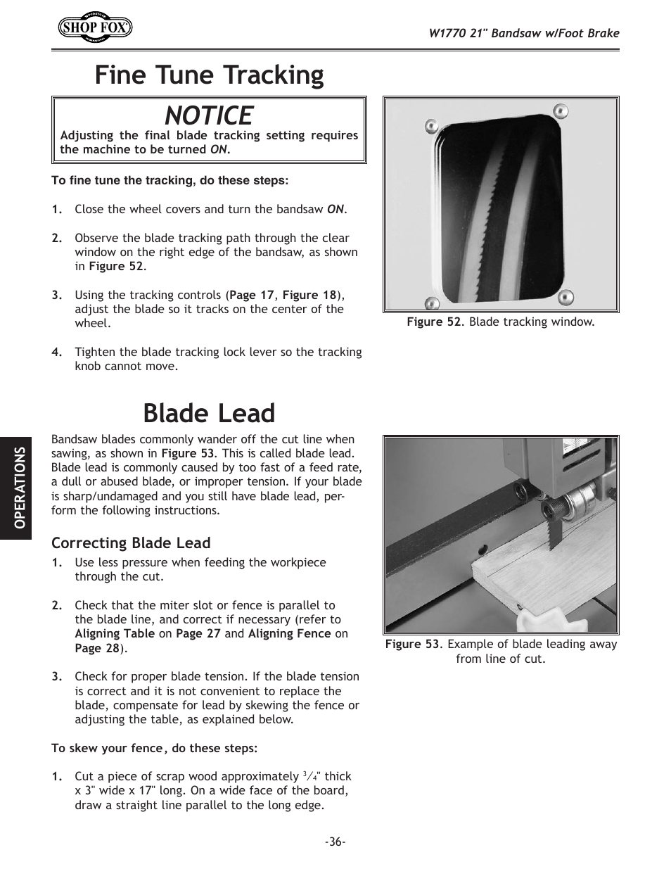 Fine.tune.tracking notice, Blade.lead | Woodstock W1770 User Manual | Page 38 / 72