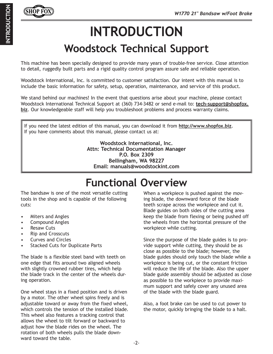 Introduction, Woodstock.technical.support, Functional.overview | Woodstock W1770 User Manual | Page 4 / 72