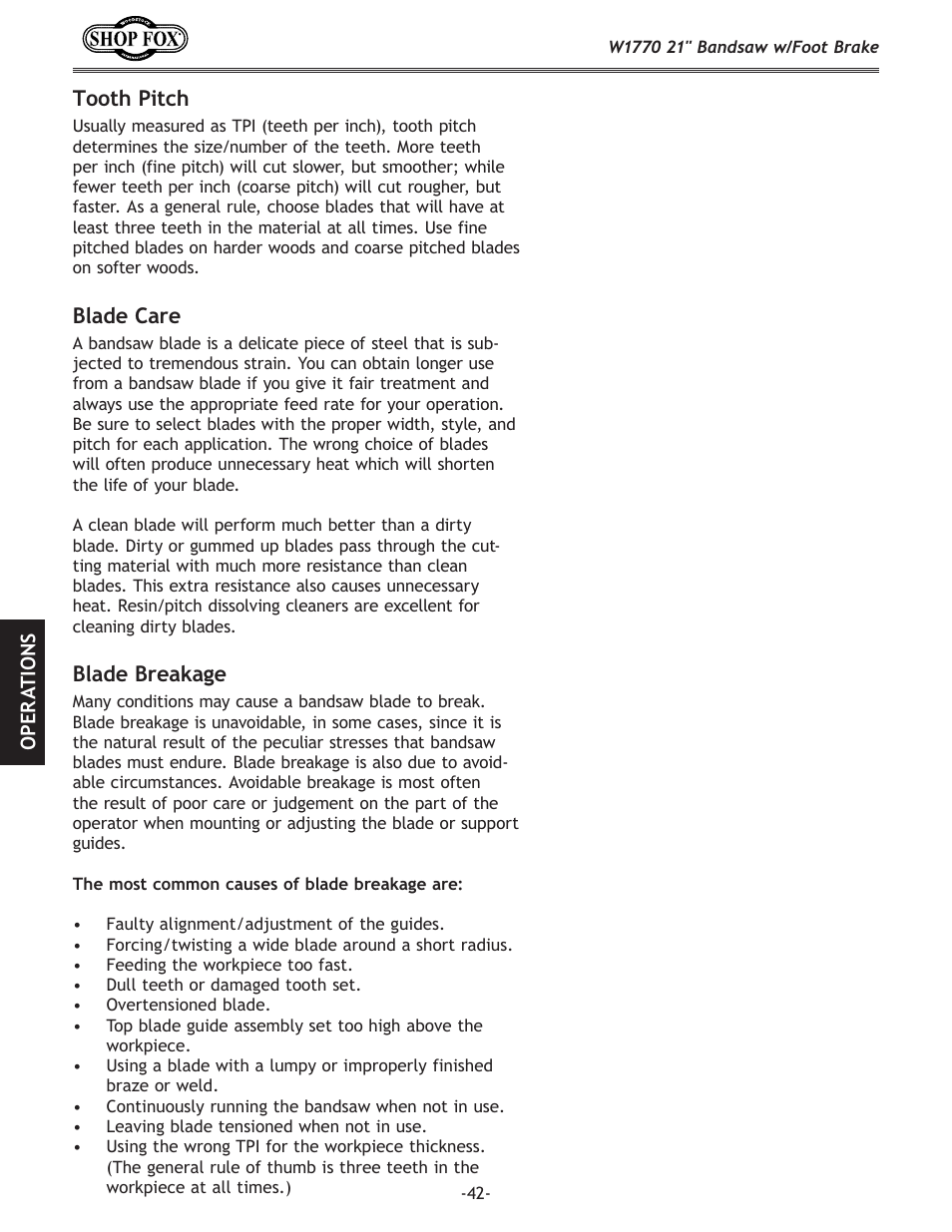 Tooth.pitch, Blade.care, Blade.breakage | Woodstock W1770 User Manual | Page 44 / 72