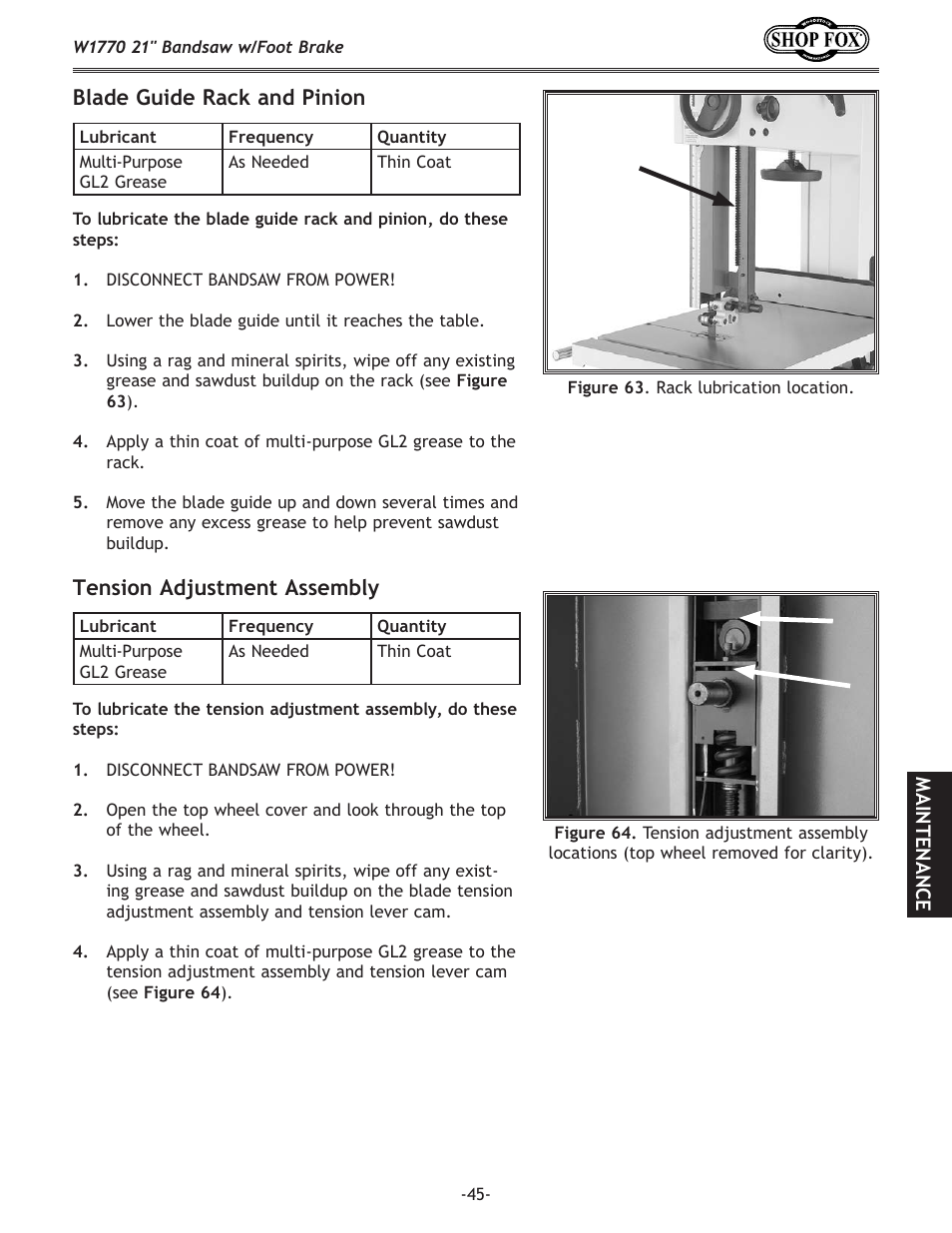 Blade guide rack and pinion, Tension adjustment assembly | Woodstock W1770 User Manual | Page 47 / 72